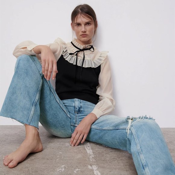 NEW Zara Contrasting Organza Ruffle Sweater Top S - Picture 7 of 11
